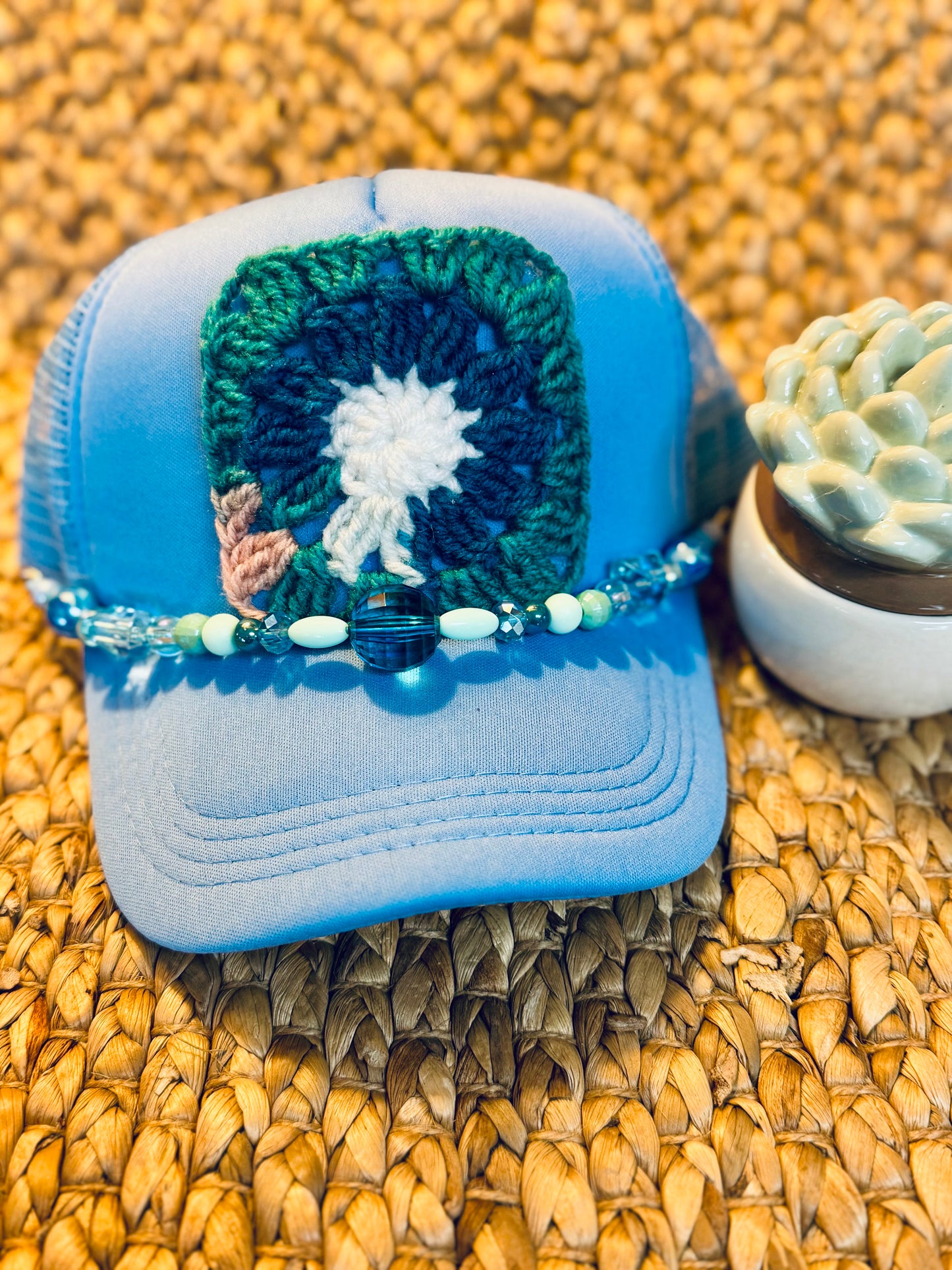 Teal Daisy Crochet Granny Square Trucker Hat