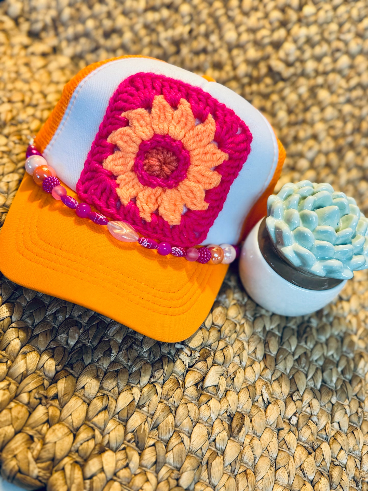 Orange Daisy Crochet Granny Square Trucker Hat