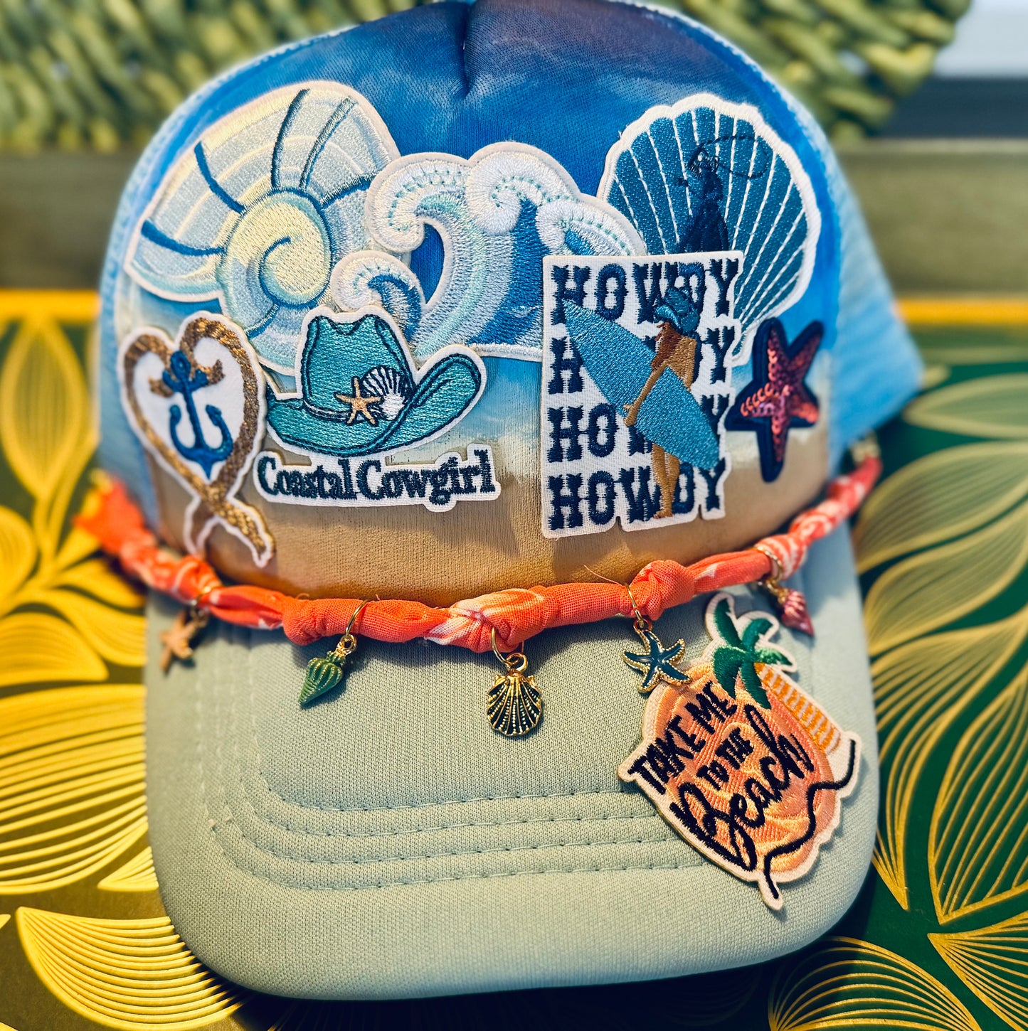🏖️ Coastal Cowgirl Beach Trucker Hat – Hand-Painted, Ocean Vibes with Western Flair