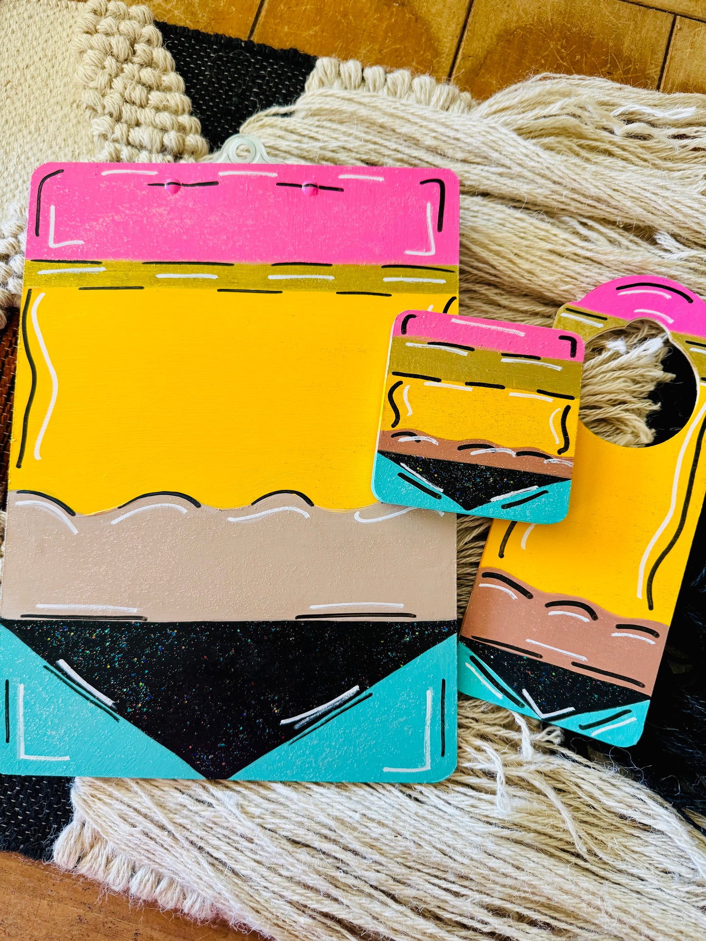 Customizable Pencil-Themed Clipboard, Hall Pass Door Hanger & Coaster Set