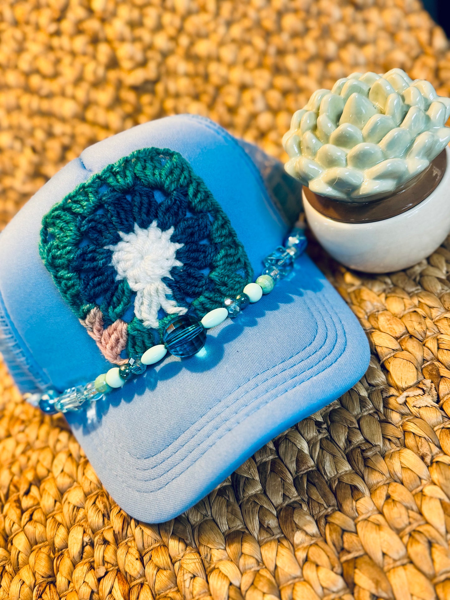 Teal Daisy Crochet Granny Square Trucker Hat
