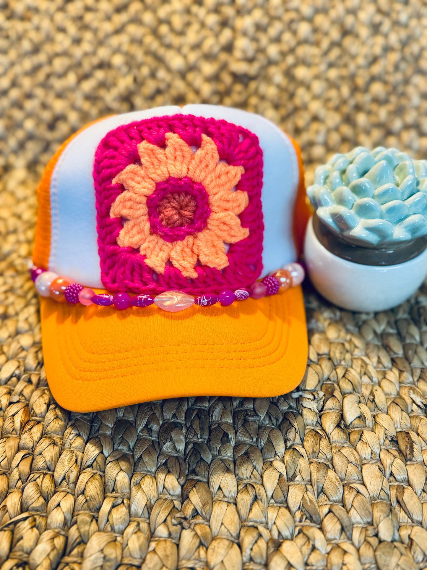 Orange Daisy Crochet Granny Square Trucker Hat
