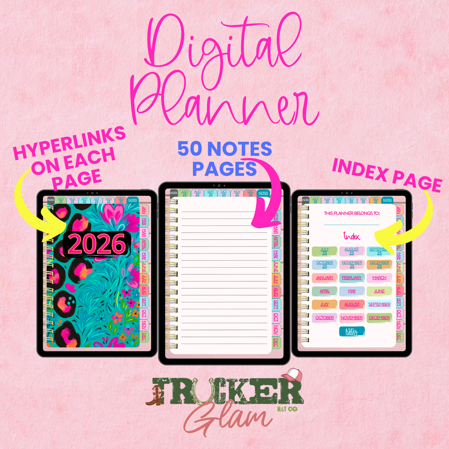 Teal Cheetah Digital Planner | 18-Month Bright & Bold Digital Notebook (July 2025 – Dec 2026) | Trucker Glam Hat Co.