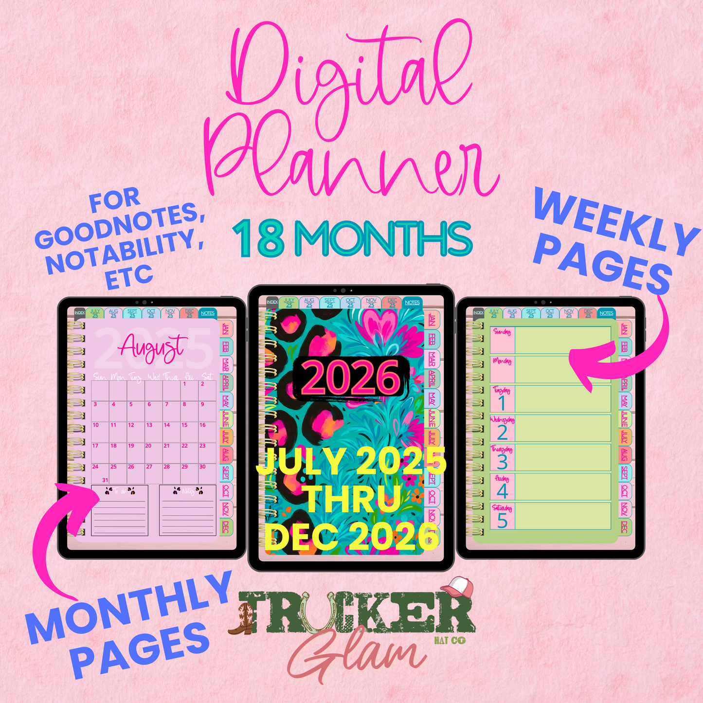 Teal Cheetah Digital Planner | 18-Month Bright & Bold Digital Notebook (July 2025 – Dec 2026) | Trucker Glam Hat Co.