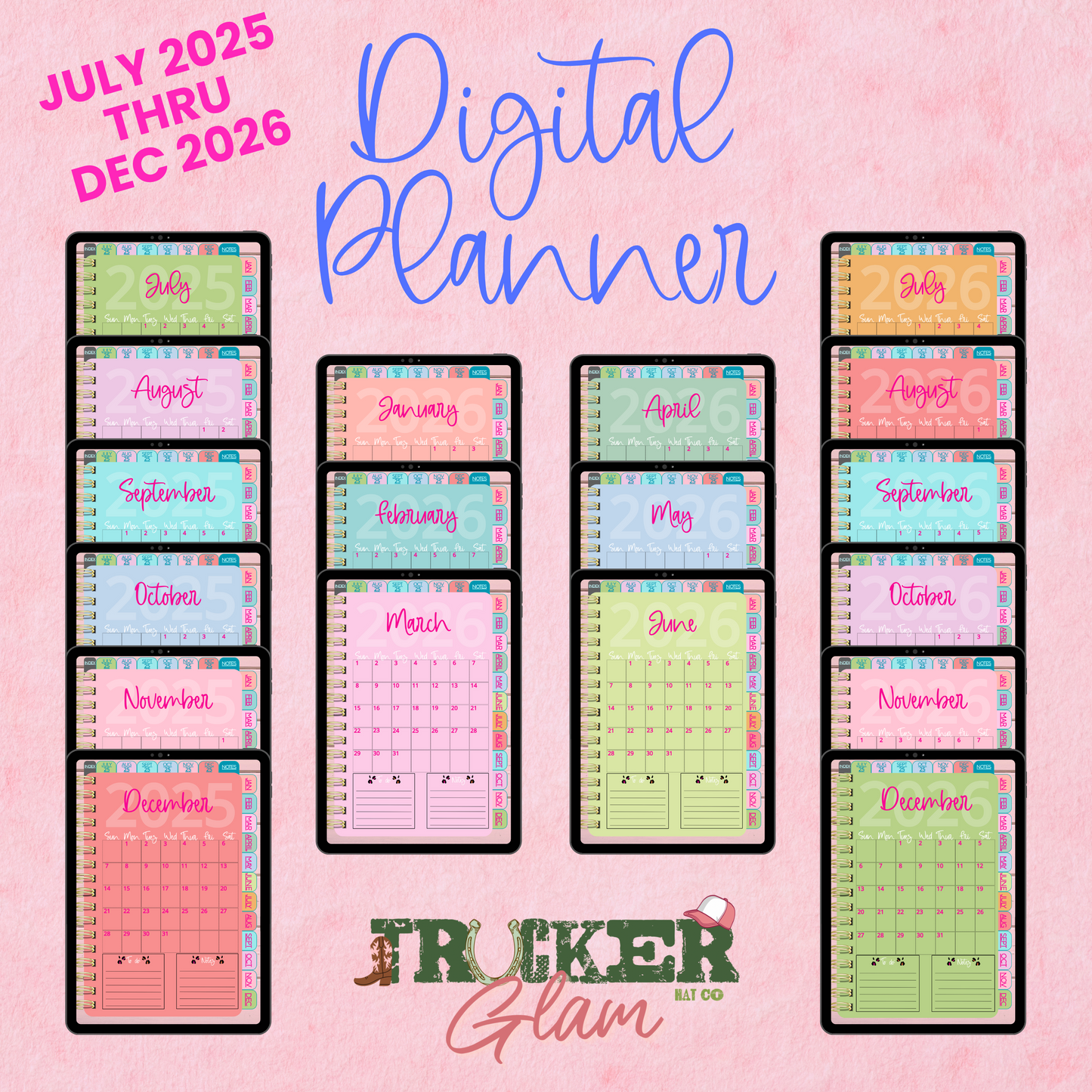Teal Cheetah Digital Planner | 18-Month Bright & Bold Digital Notebook (July 2025 – Dec 2026) | Trucker Glam Hat Co.