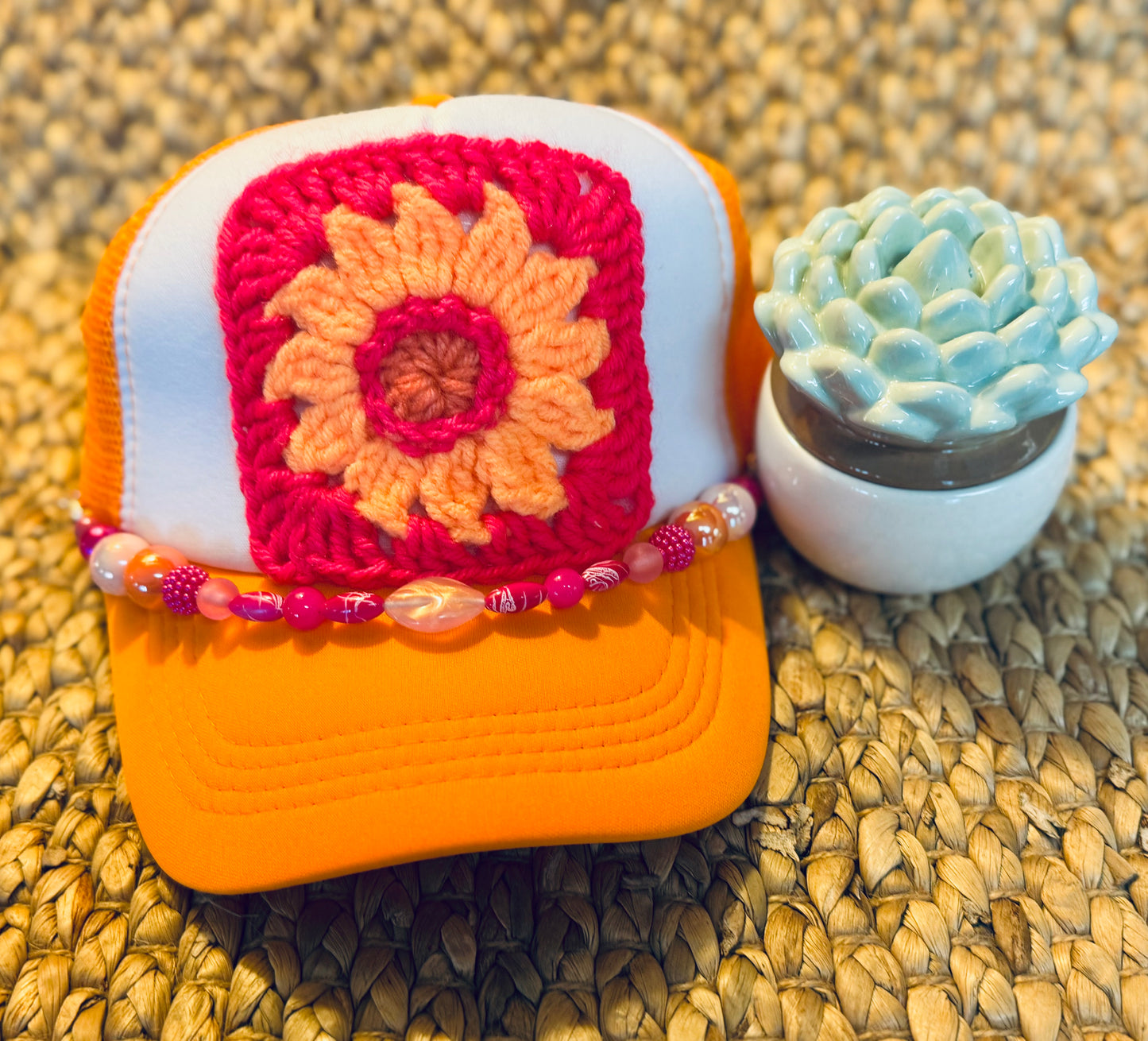 Orange Daisy Crochet Granny Square Trucker Hat