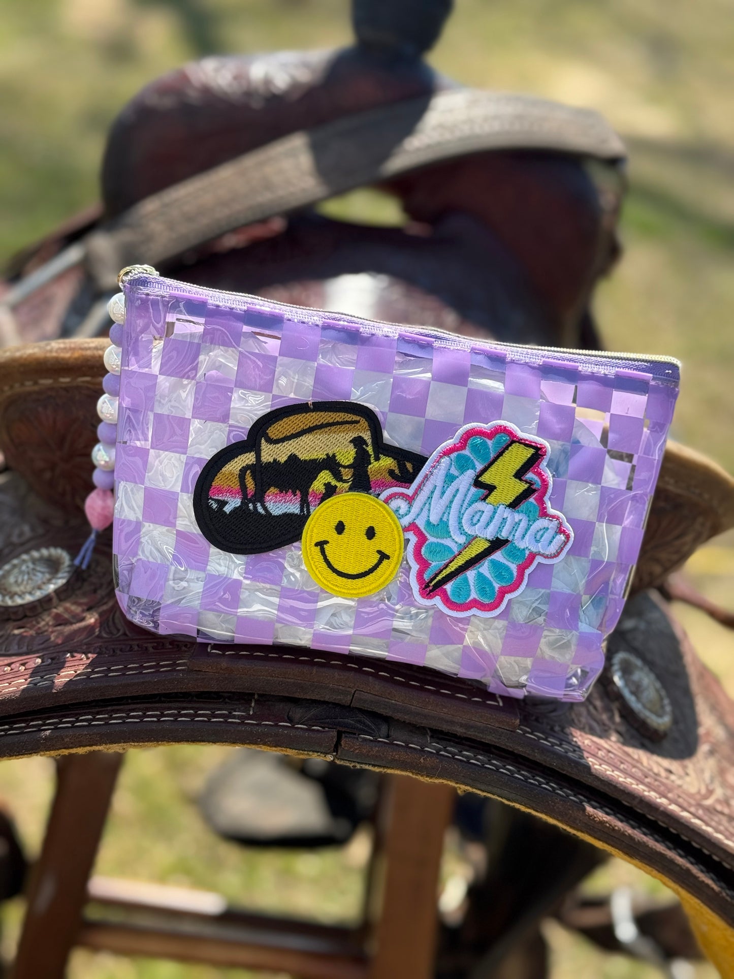 Mama Vibes Cowgirl Checkered Makeup Bag