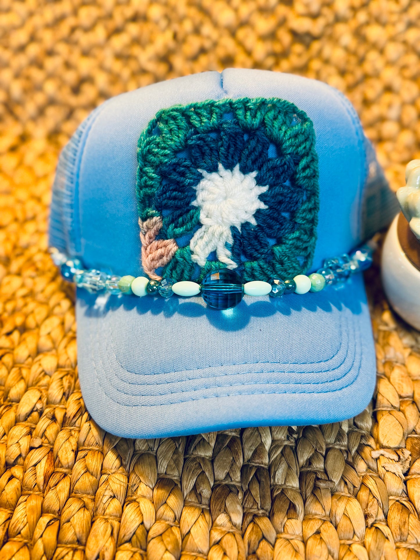 Teal Daisy Crochet Granny Square Trucker Hat