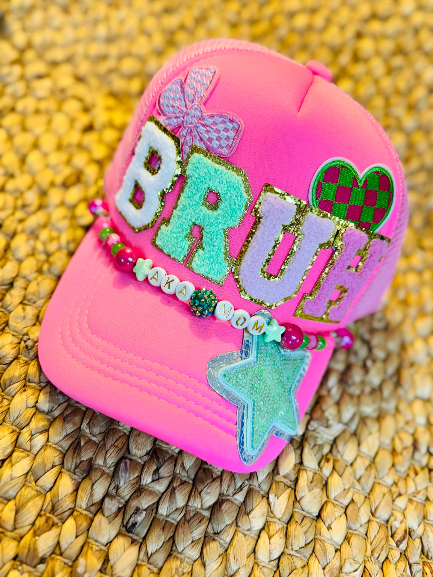 BRUH Trucker Hat – AKA Mom | Neon Pink Bling Patch Hat with Beaded Detail