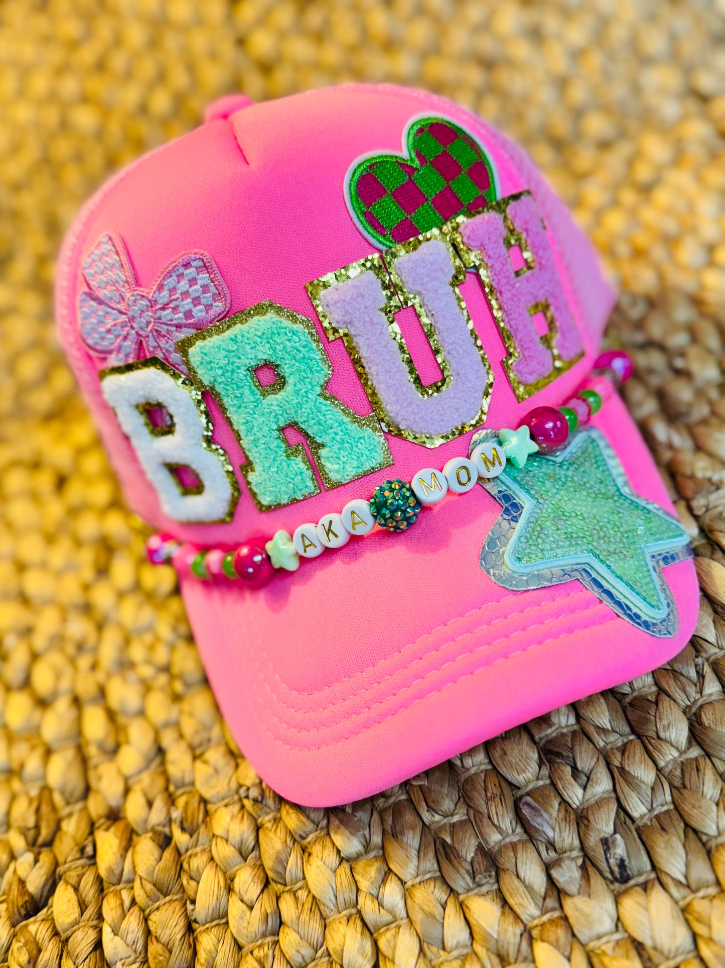 BRUH Trucker Hat – AKA Mom | Neon Pink Bling Patch Hat with Beaded Detail