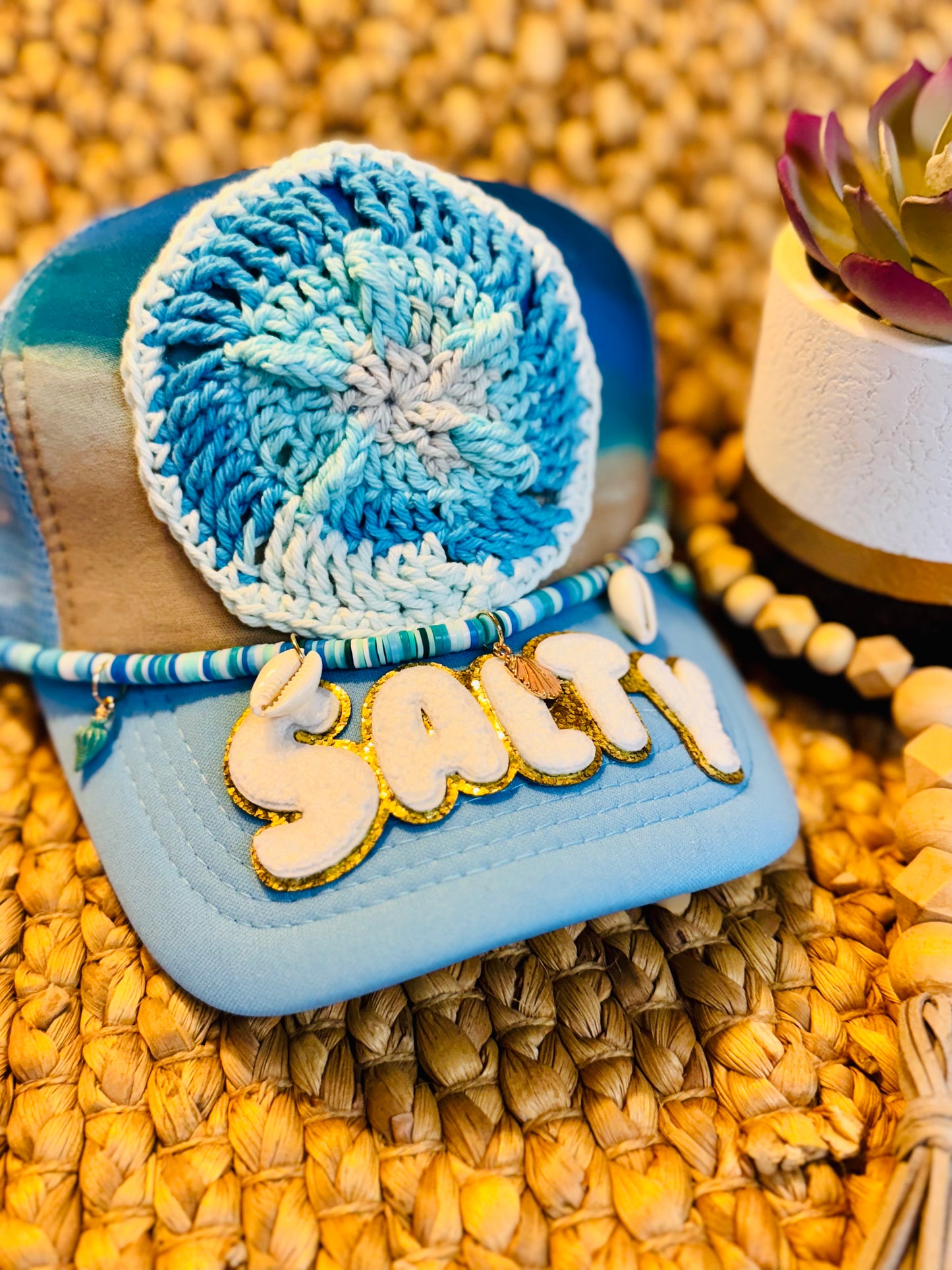 🌊 “Salty Soul Vibes” Handmade Crochet Sand Dollar Trucker Hat