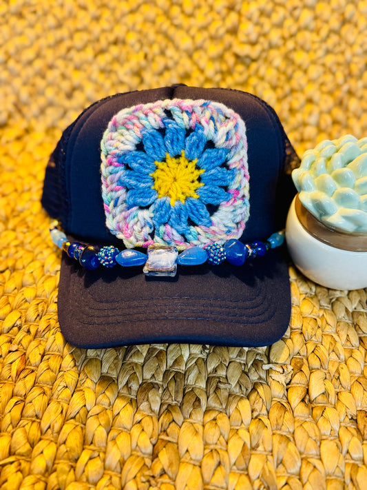 Blue Daisy Crochet Granny Square Trucker Hat