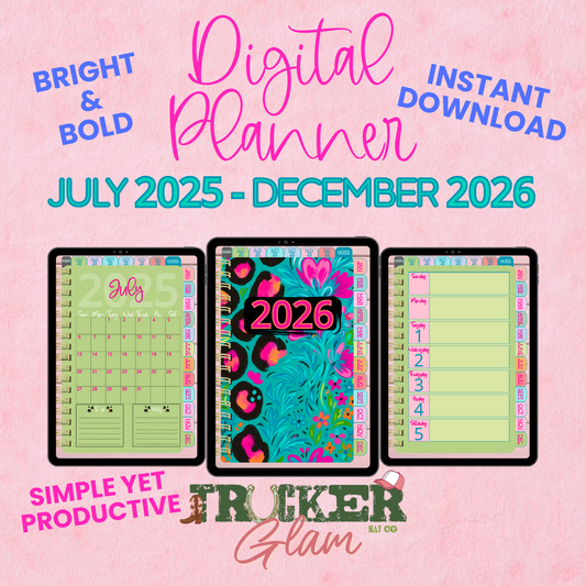 Teal Cheetah Digital Planner | 18-Month Bright & Bold Digital Notebook (July 2025 – Dec 2026) | Trucker Glam Hat Co.