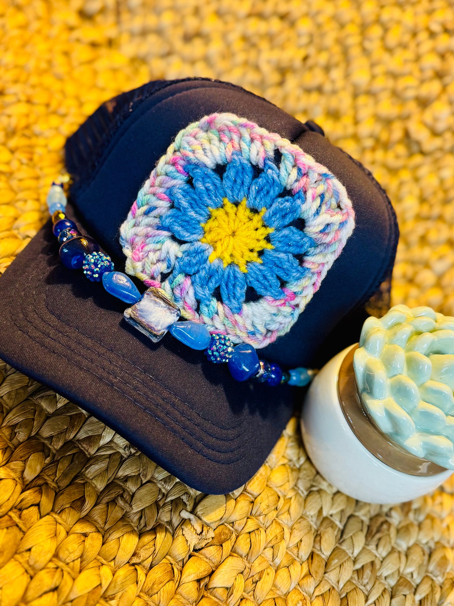 Blue Daisy Crochet Granny Square Trucker Hat