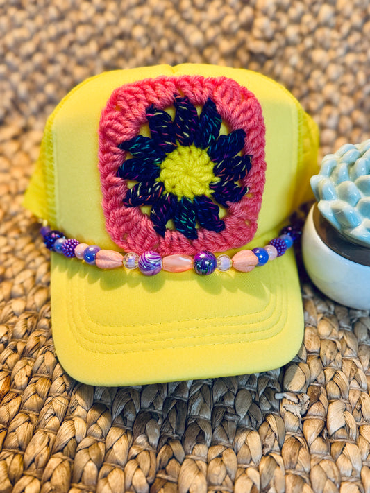 Purple Daisy Crochet Granny Square Trucker Hat