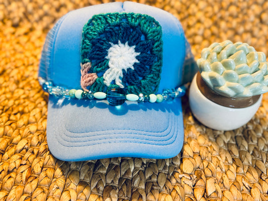 Teal Daisy Crochet Granny Square Trucker Hat