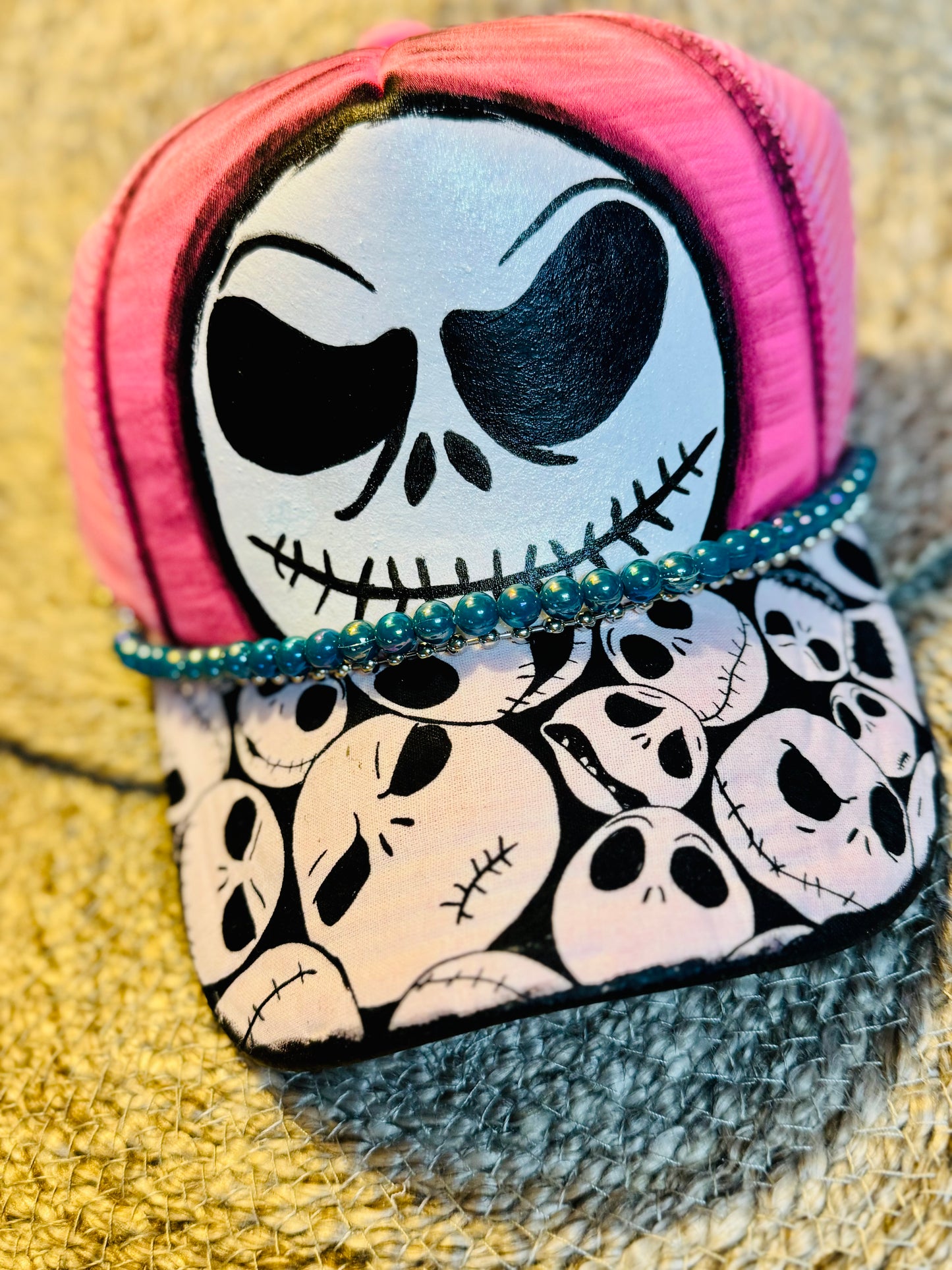 Pink Skellington Trucker Hat – Handcrafted Halloween Hat with Beaded Accent