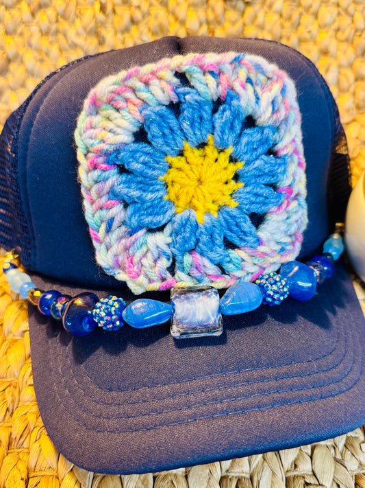 Blue Daisy Crochet Granny Square Trucker Hat