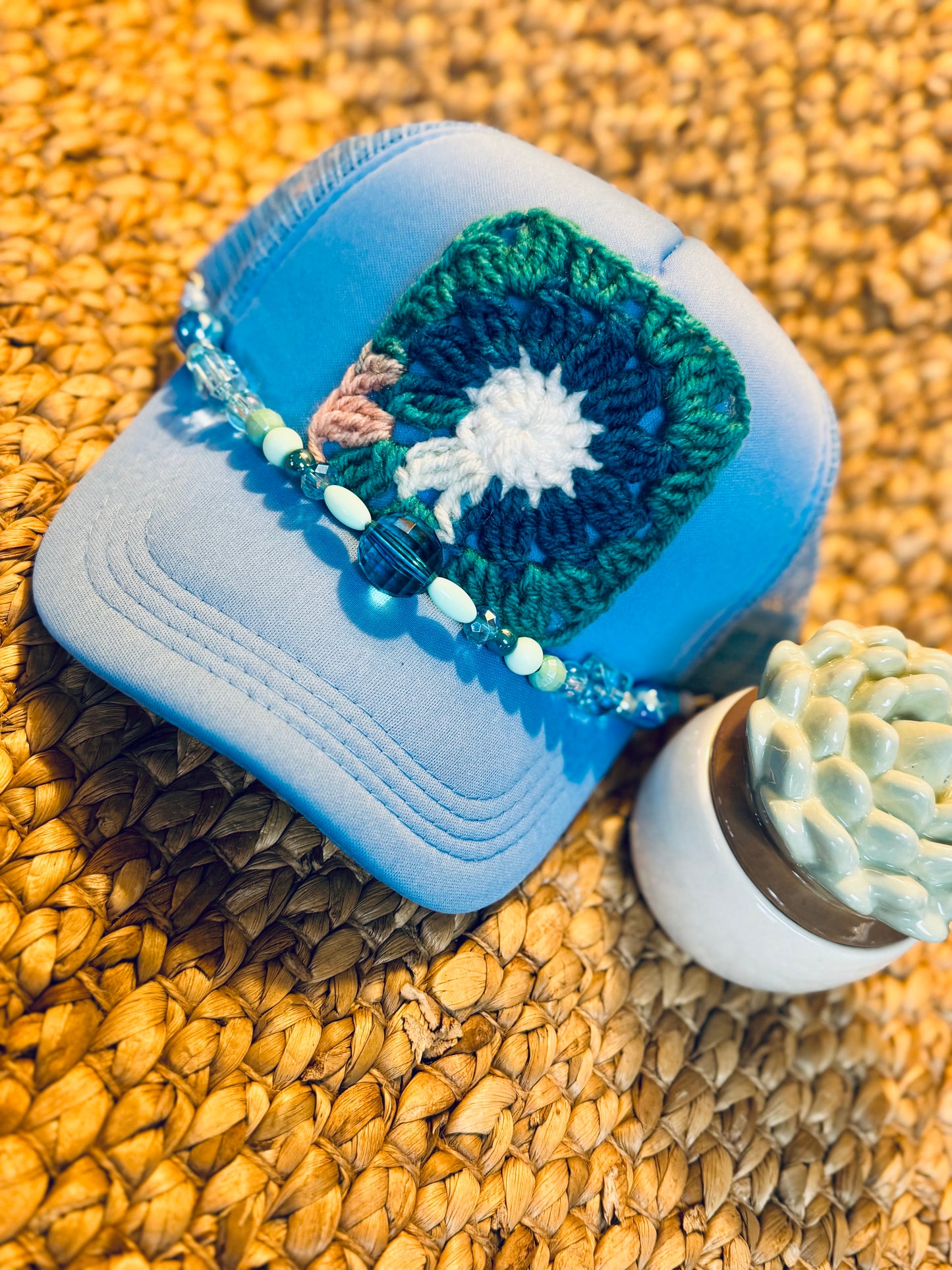 Teal Daisy Crochet Granny Square Trucker Hat
