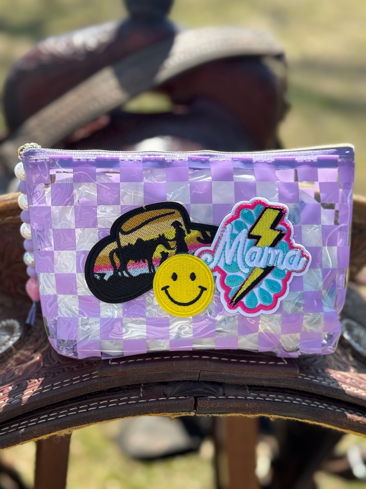 Mama Vibes Cowgirl Checkered Makeup Bag