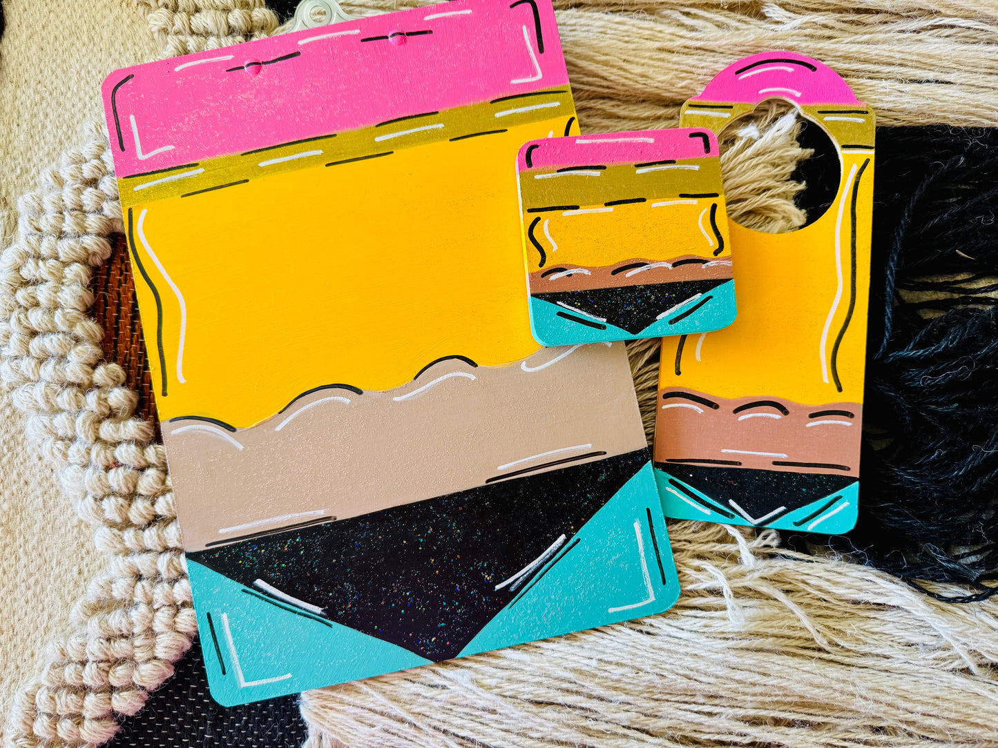 Customizable Pencil-Themed Clipboard, Hall Pass Door Hanger & Coaster Set