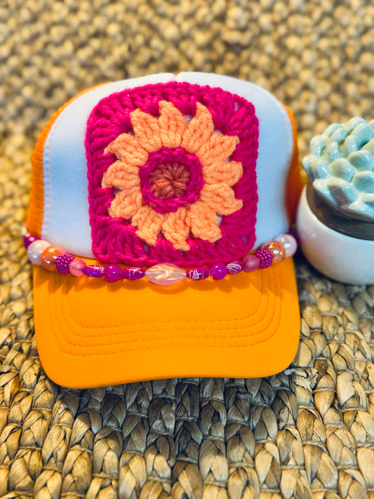 Orange Daisy Crochet Granny Square Trucker Hat