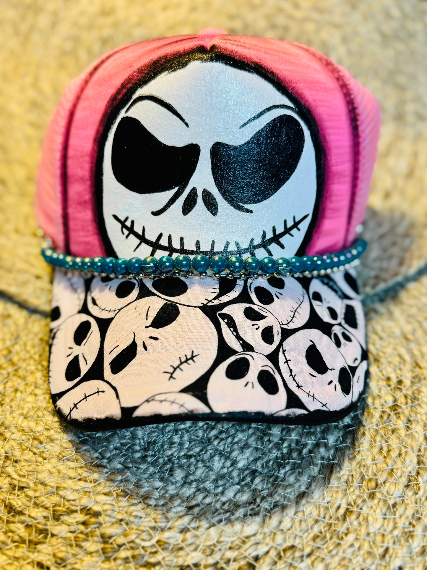Pink Skellington Trucker Hat – Handcrafted Halloween Hat with Beaded Accent