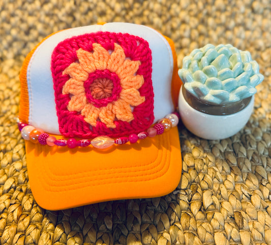 Orange Daisy Crochet Granny Square Trucker Hat