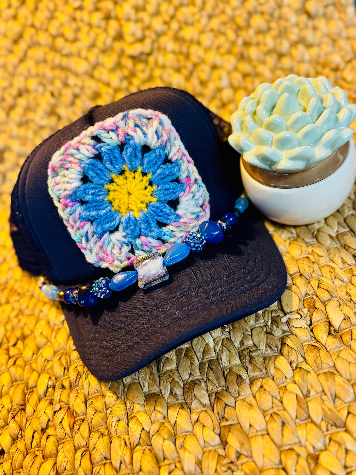 Blue Daisy Crochet Granny Square Trucker Hat