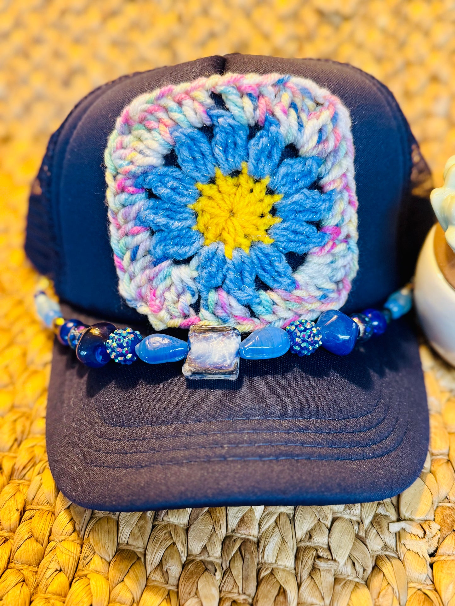 Blue Daisy Crochet Granny Square Trucker Hat