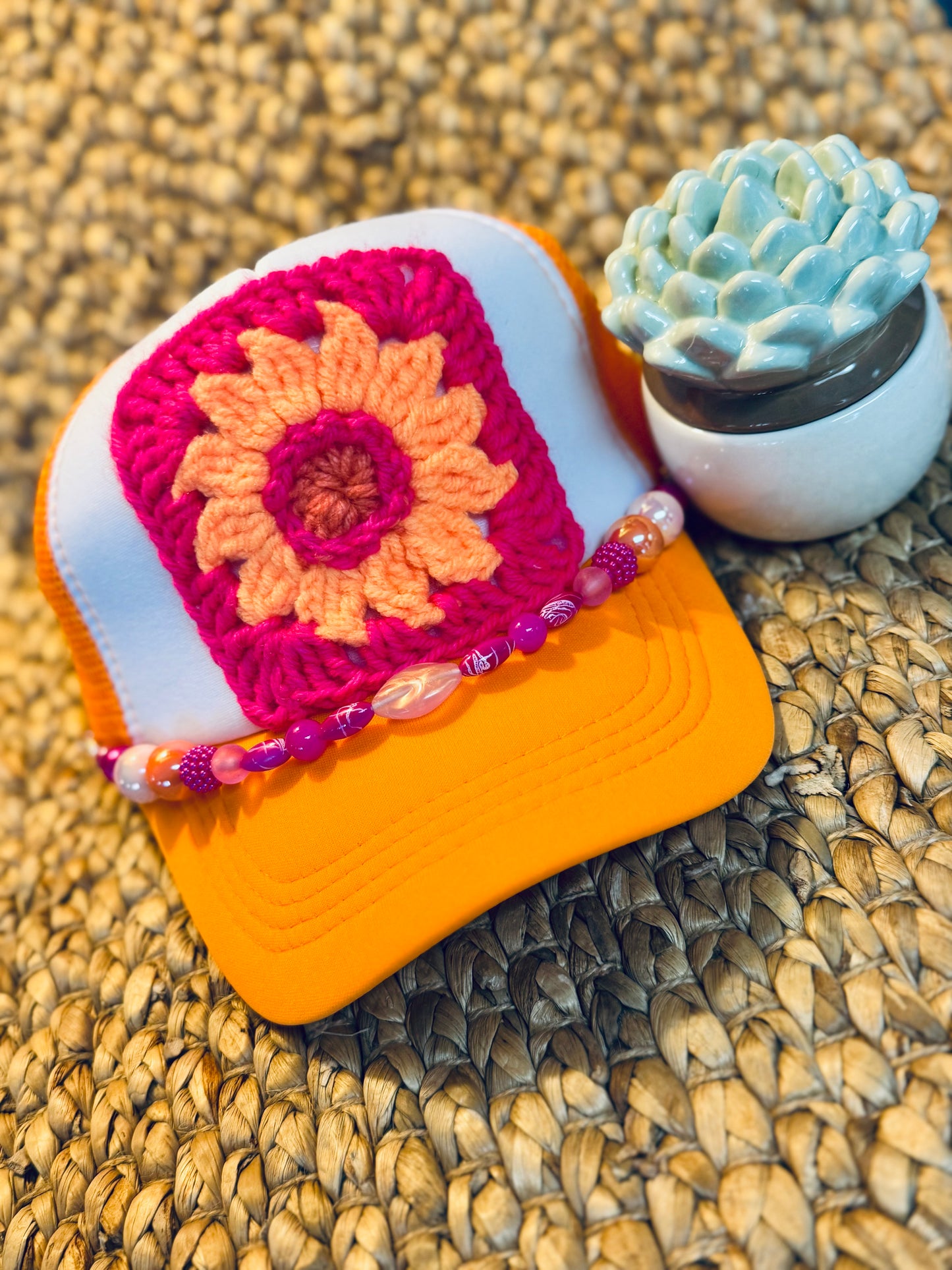 Orange Daisy Crochet Granny Square Trucker Hat