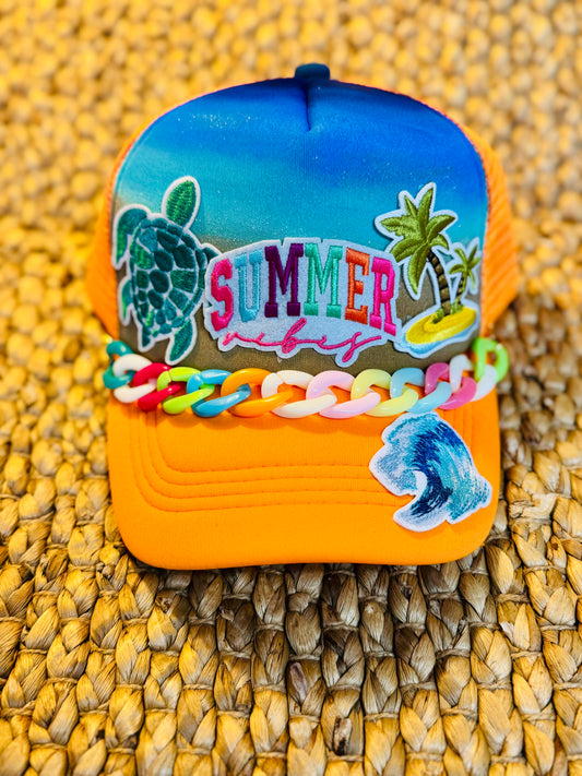 Summer Vibes Trucker Hat – Beach Turtle, Palm Trees & Wave Patch