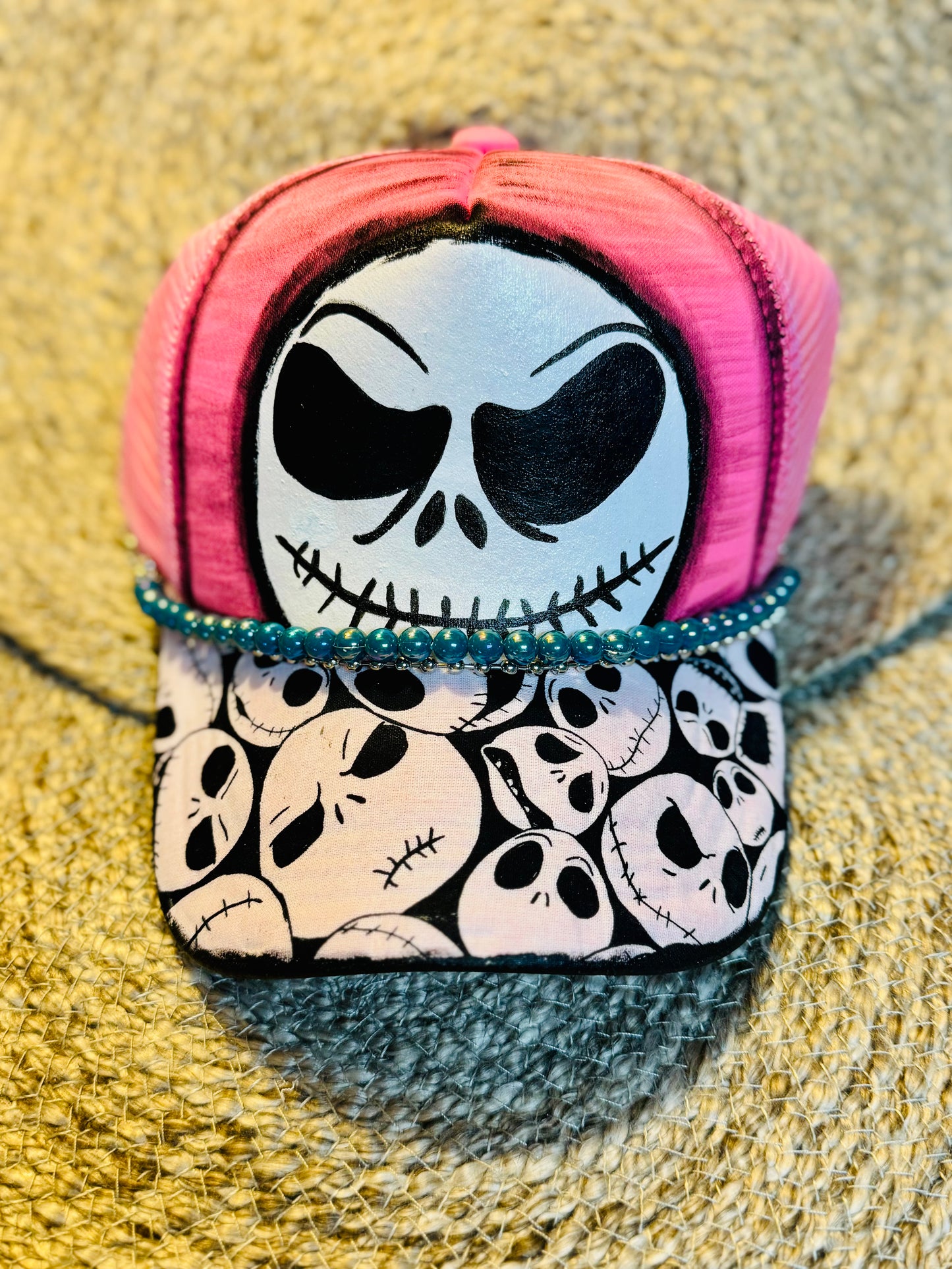 Pink Skellington Trucker Hat – Handcrafted Halloween Hat with Beaded Accent