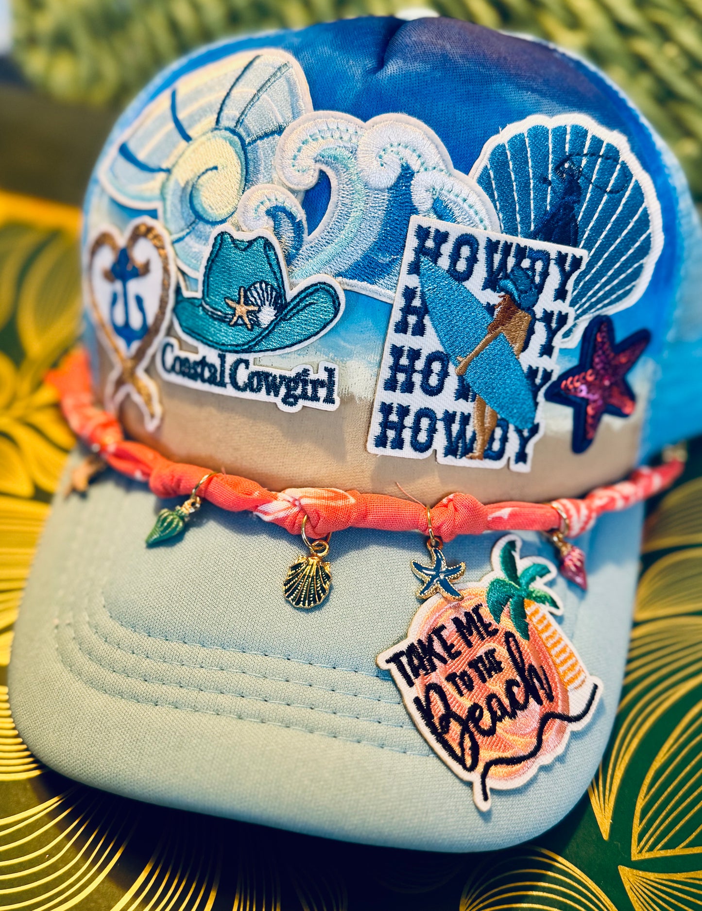 🏖️ Coastal Cowgirl Beach Trucker Hat – Hand-Painted, Ocean Vibes with Western Flair