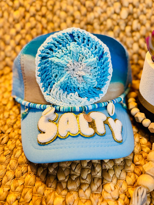 🌊 “Salty Soul Vibes” Handmade Crochet Sand Dollar Trucker Hat
