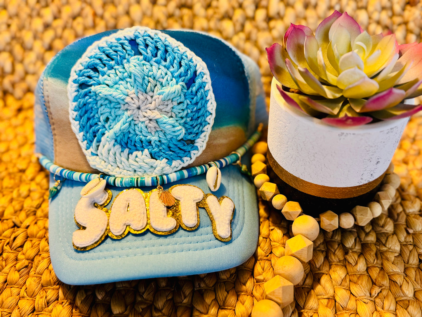 🌊 “Salty Soul Vibes” Handmade Crochet Sand Dollar Trucker Hat
