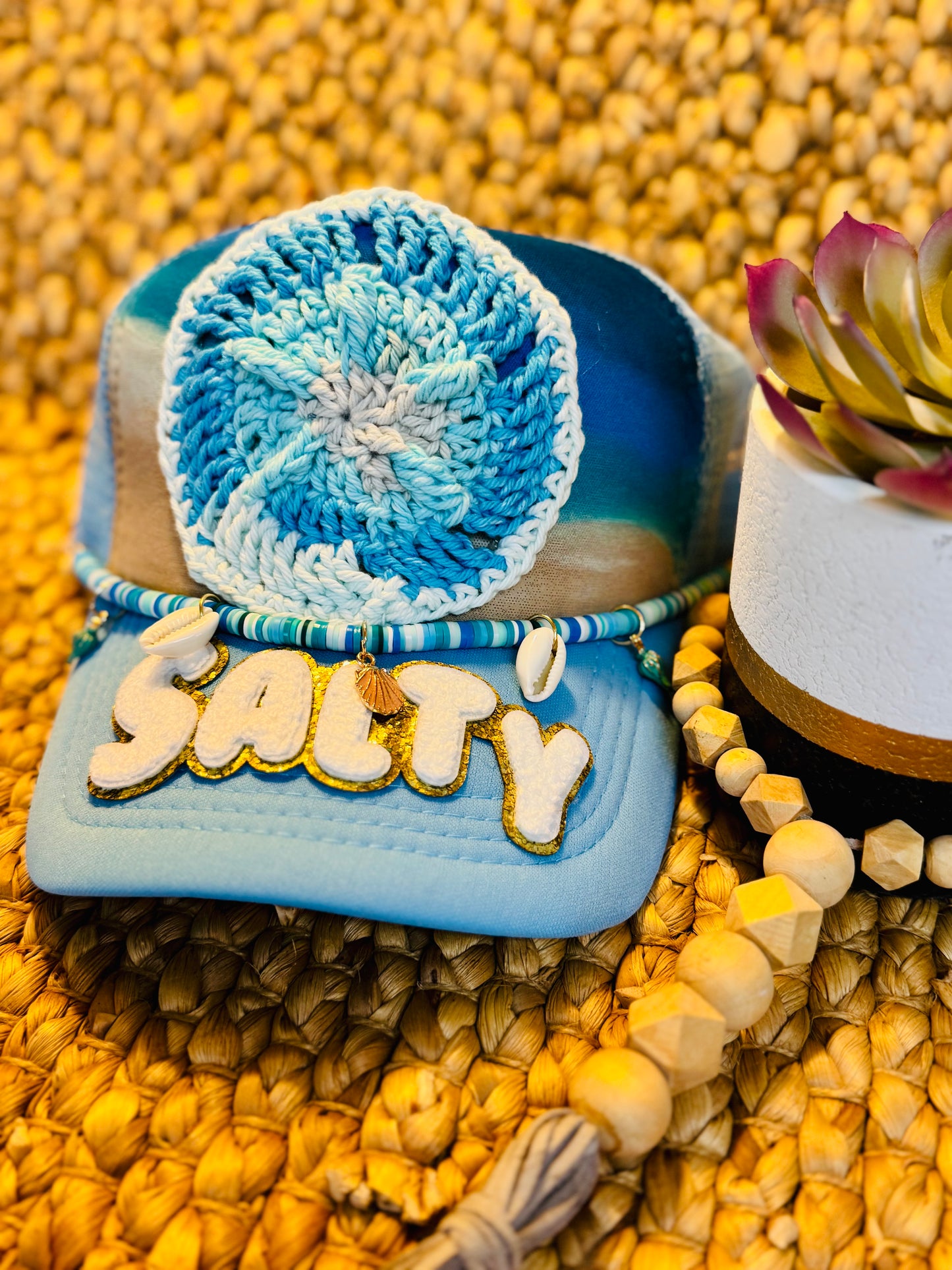 🌊 “Salty Soul Vibes” Handmade Crochet Sand Dollar Trucker Hat
