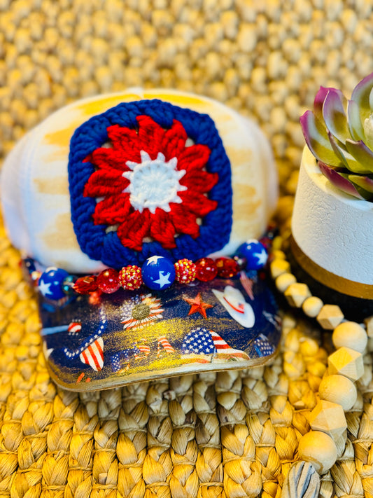 🇺🇸 Star-Spangled Cowgirl Crochet Trucker Hat – Red, White & Bold!