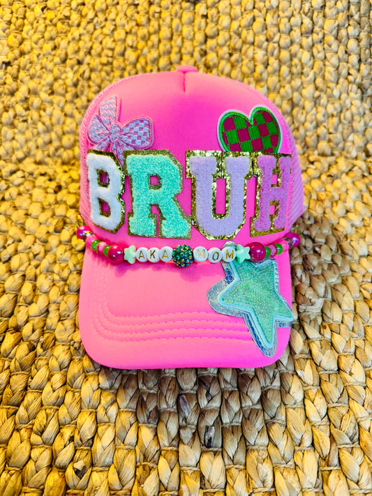 BRUH Trucker Hat – AKA Mom | Neon Pink Bling Patch Hat with Beaded Detail