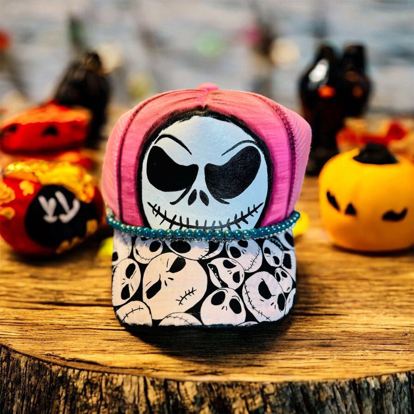 Pink Skellington Trucker Hat – Handcrafted Halloween Hat with Beaded Accent