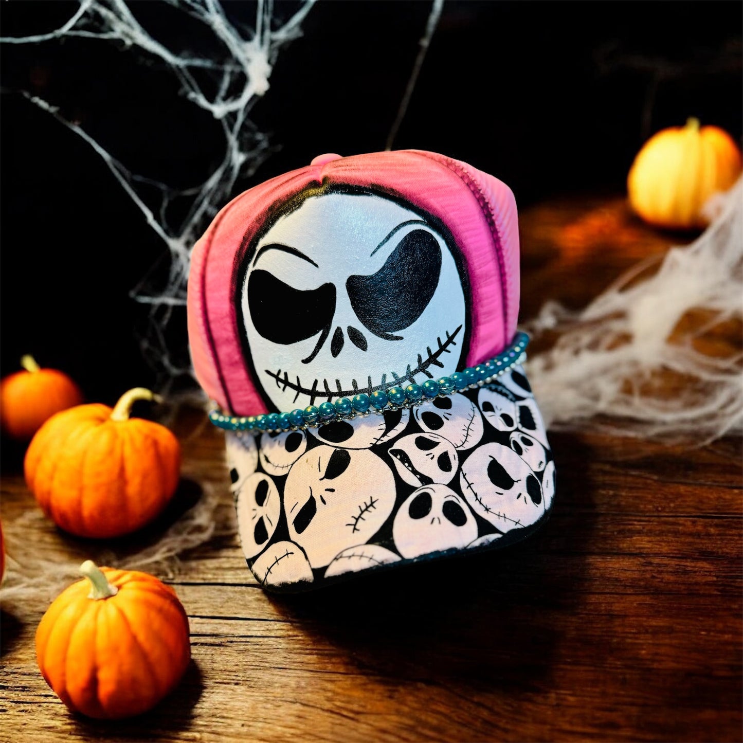 Pink Skellington Trucker Hat – Handcrafted Halloween Hat with Beaded Accent